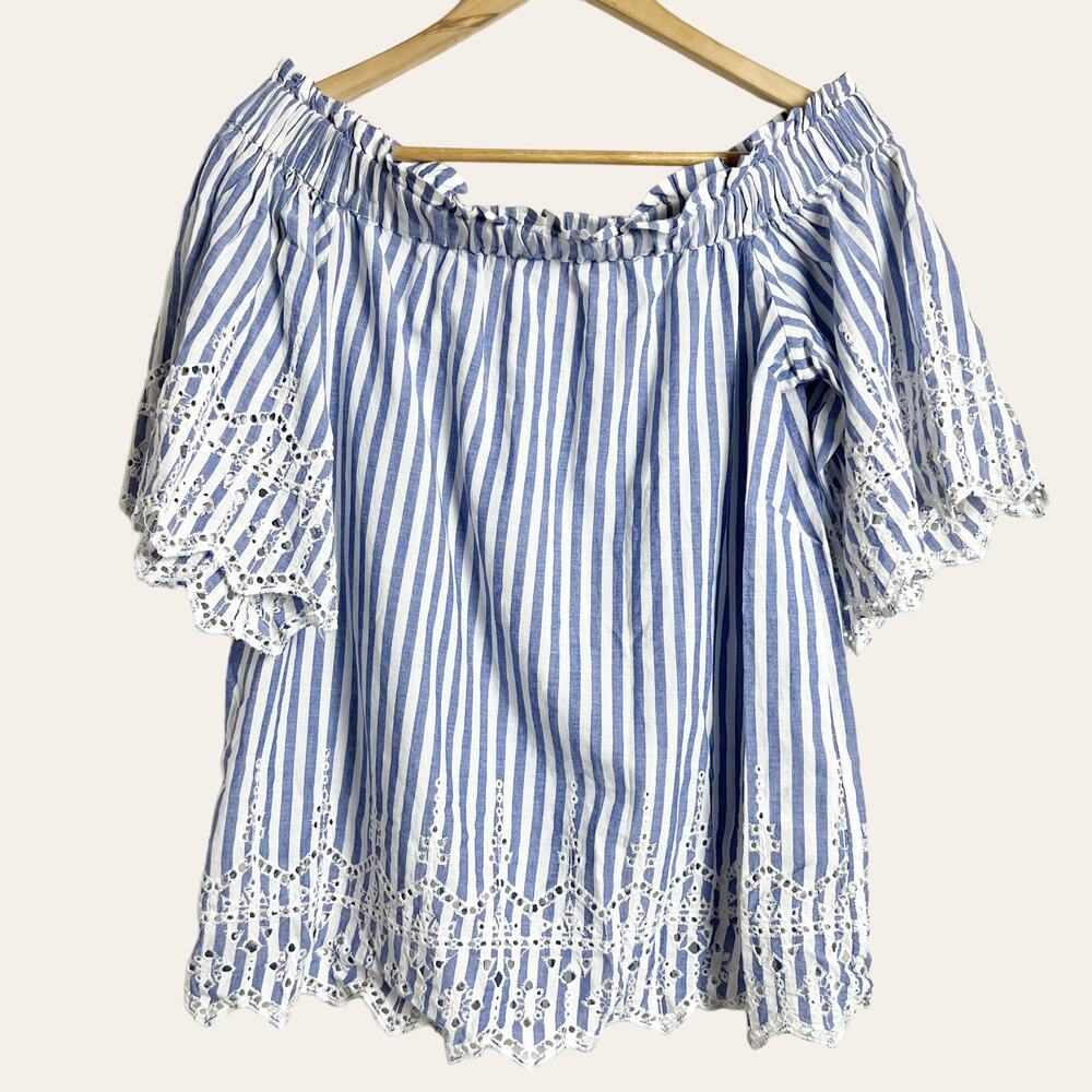 H&M Blue & White Striped Off-the-Shoulder Embroidered Top Size 4